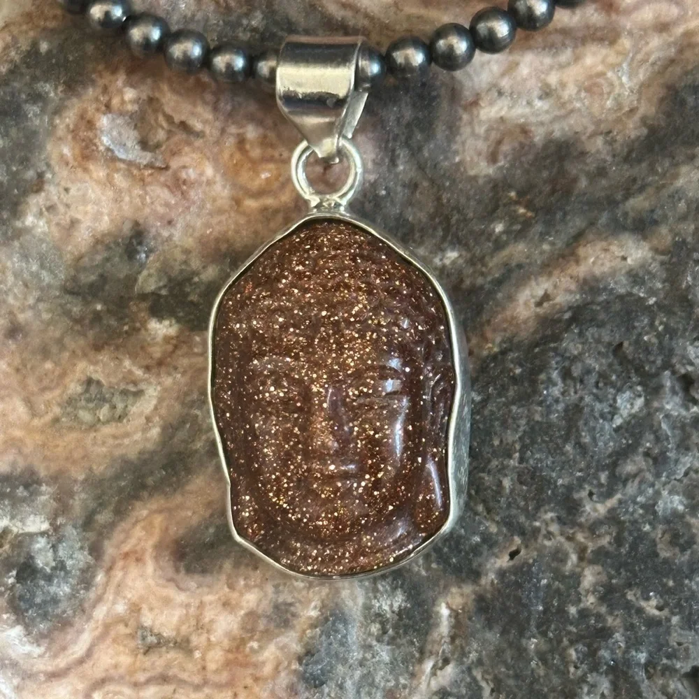 Sandstone Buddah Face Sterling Silver Pendant - Picture 6 of 8
